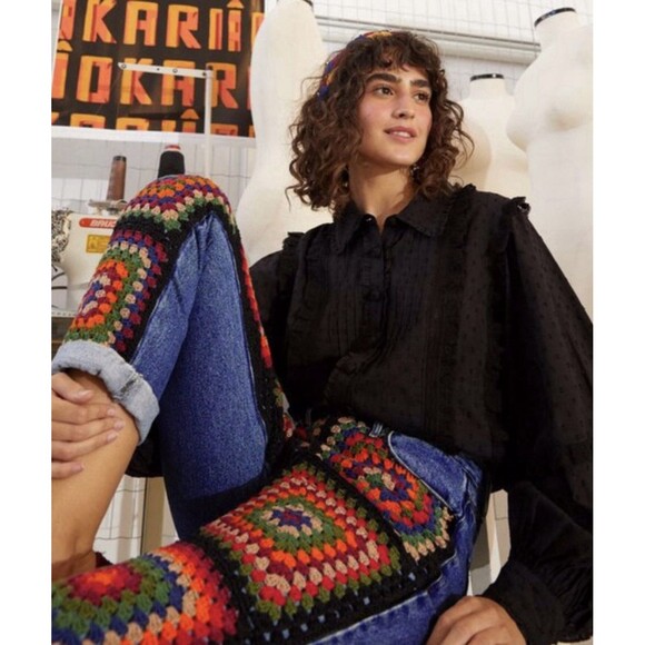 Farm Rio Blouse XS Black Romantic Swiss Dot Ruffle Button Up Victorian Boho - Picture 1 of 16